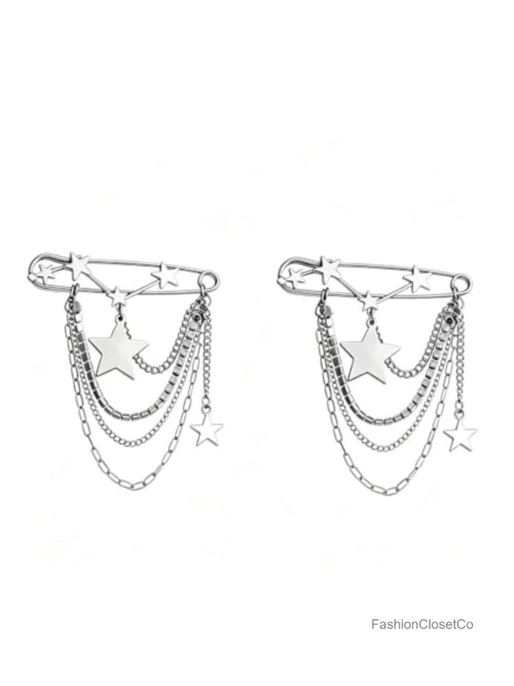 2Pcs Hanging Chain Star Brooch Pins Alloy Rhinestone Celestial Collar Pins